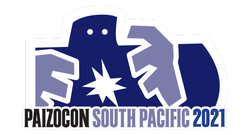 Paizo Golem Vigilant with a headset and mic over the paizocon online South Pacific 2021 text logo
