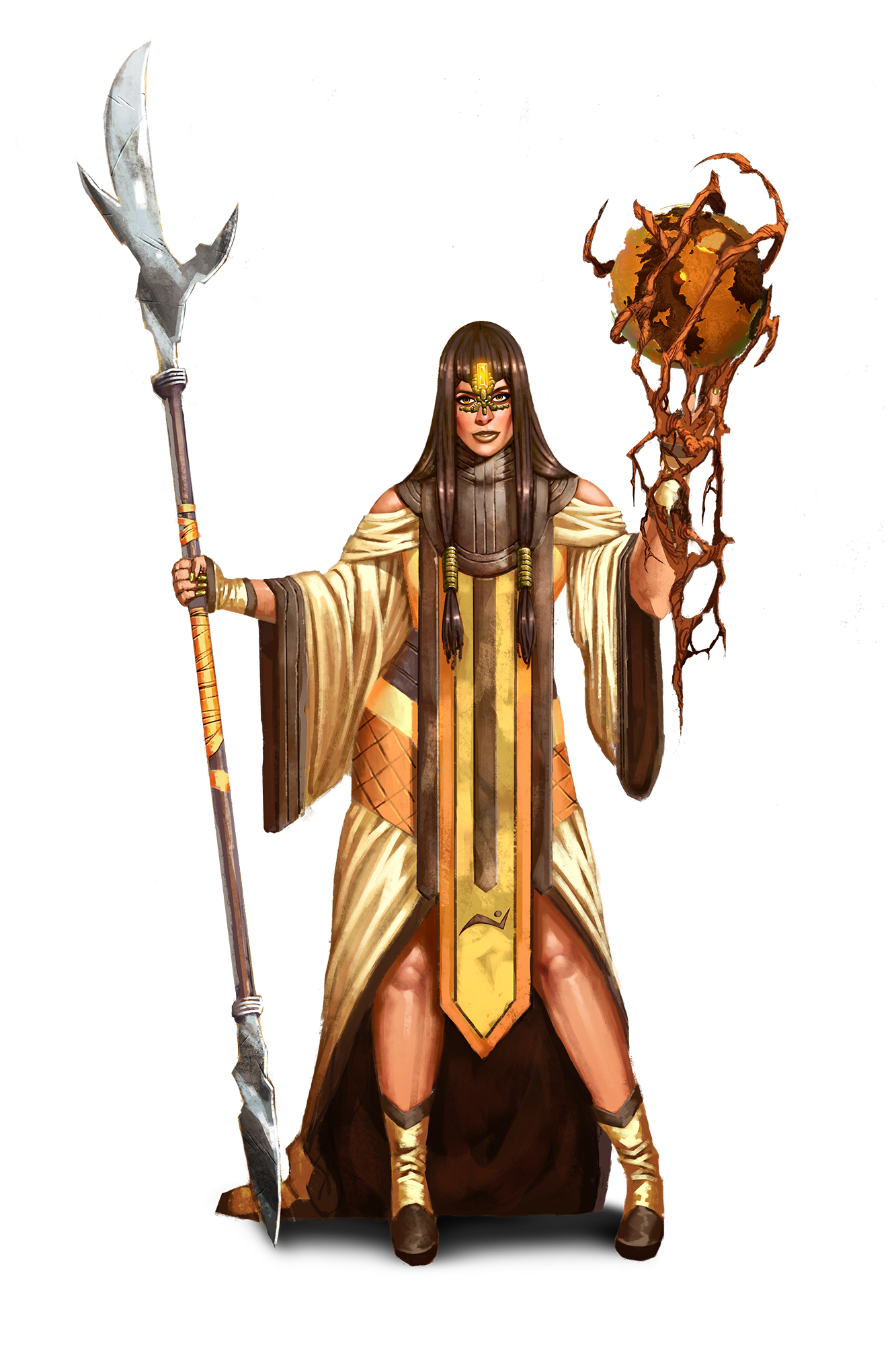 Runelord Wizard, stands in long yellow robes with long hair and a spear in one hand