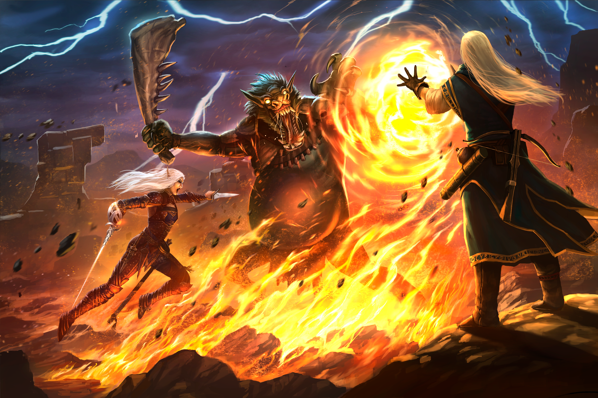 Merisiel and Ezren fighting a troll on a stormy night