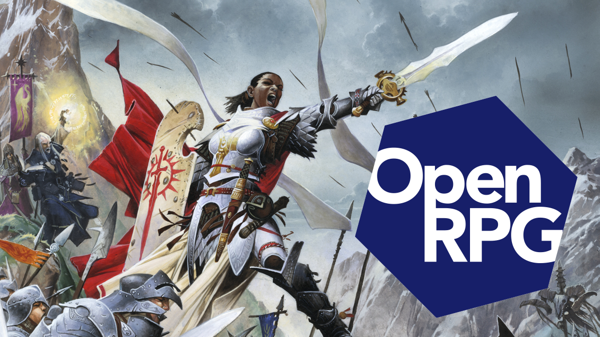 Open RPG logo over-layed over an image of pathfinder champion Seelah leading a battle