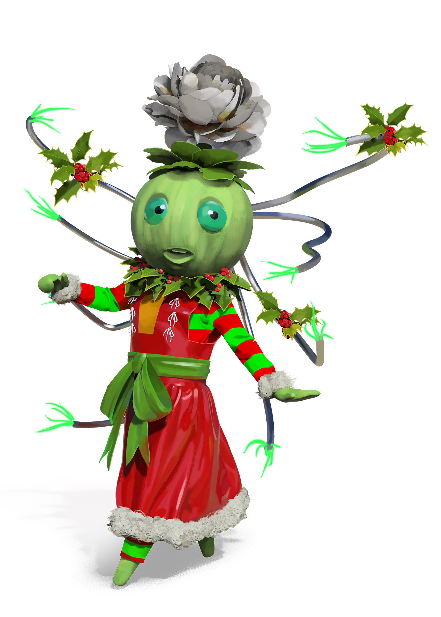 A cheery plant person dressed in festive attire with a white flower sprouting from their head.