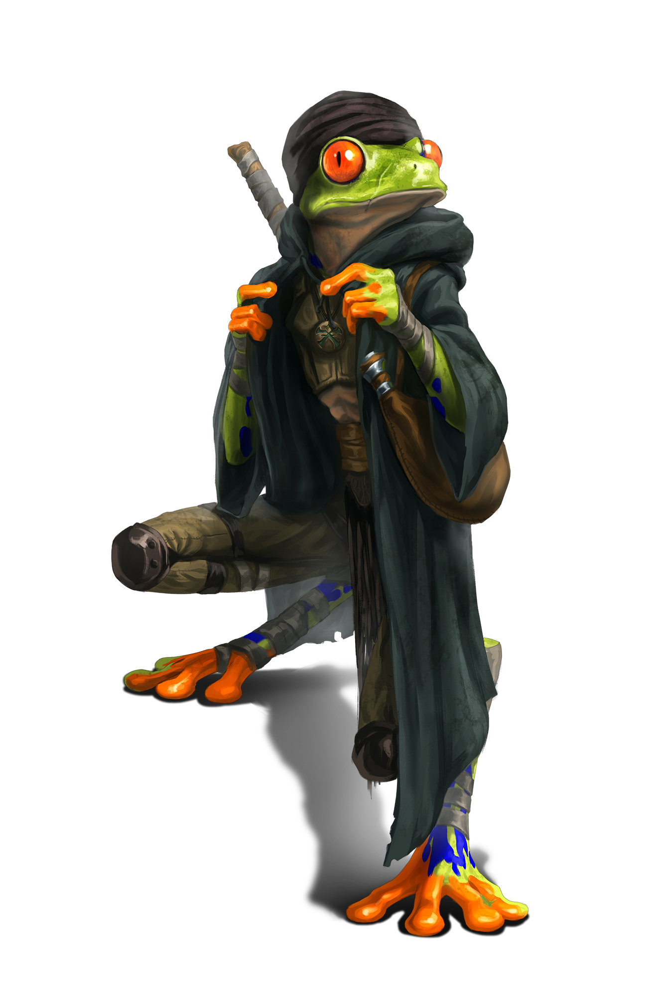 Po’ogaat, a bipedal tree-frog grippli dressed in dark robes with a pouch under one arm and a staff on their back