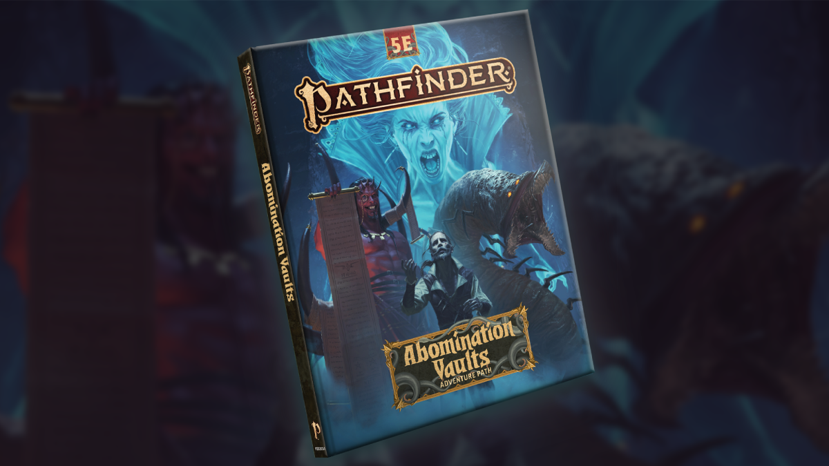 Abomination Vaults Fifth Edition Hard Cover: A bearded sorrowful man stands in the foreground with a demon, a large worm, and a ghostly woman in the background behind him 