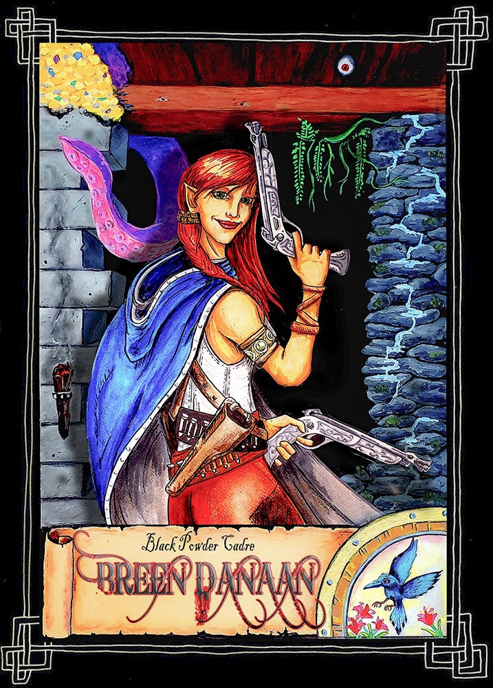 Breen Danaan, a half-elf gunslinger with long red hair and wearing a blue cloak