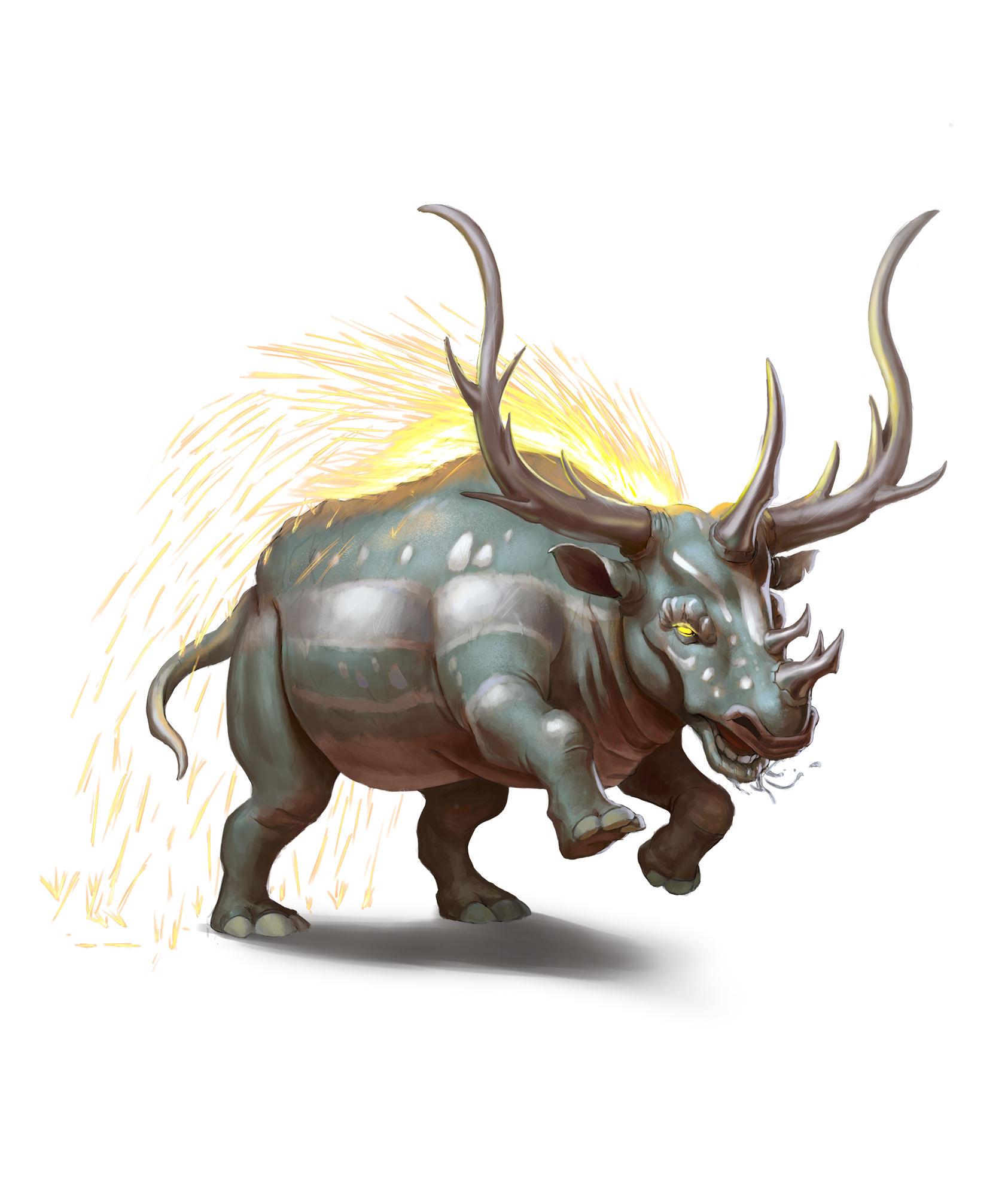 Sparks fly from the back of a charging, antlered, creature with the body of a rhinoceros