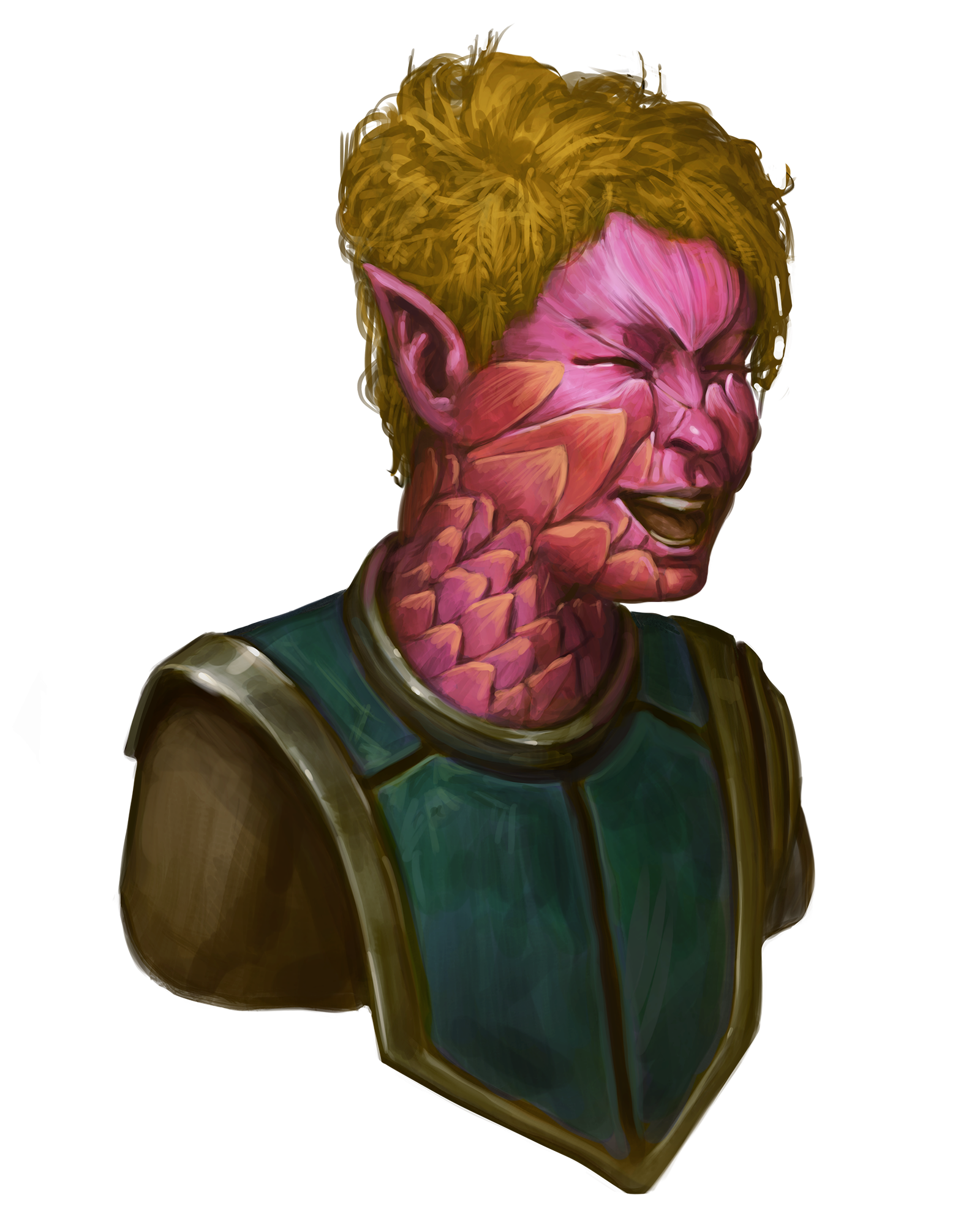 A laughing ghoran, a plant-person with feminine features, blonde hair, pointed ears, and pink skin that looks like flower petals