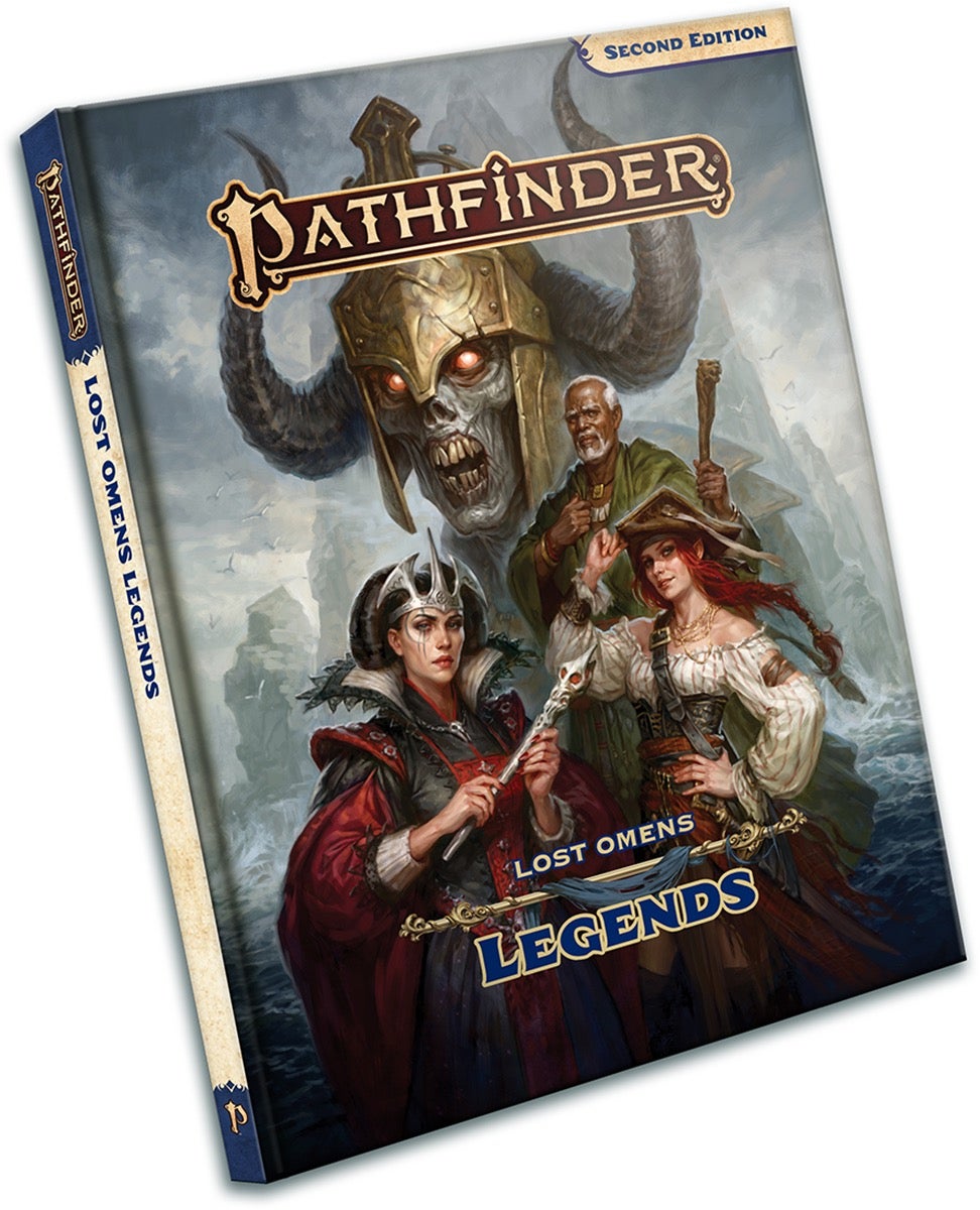 Pathfinder Lost Omens: Legends art featuring three humans in different styles of dress in the foreground and an undead being with a large horned helmet looming in the background