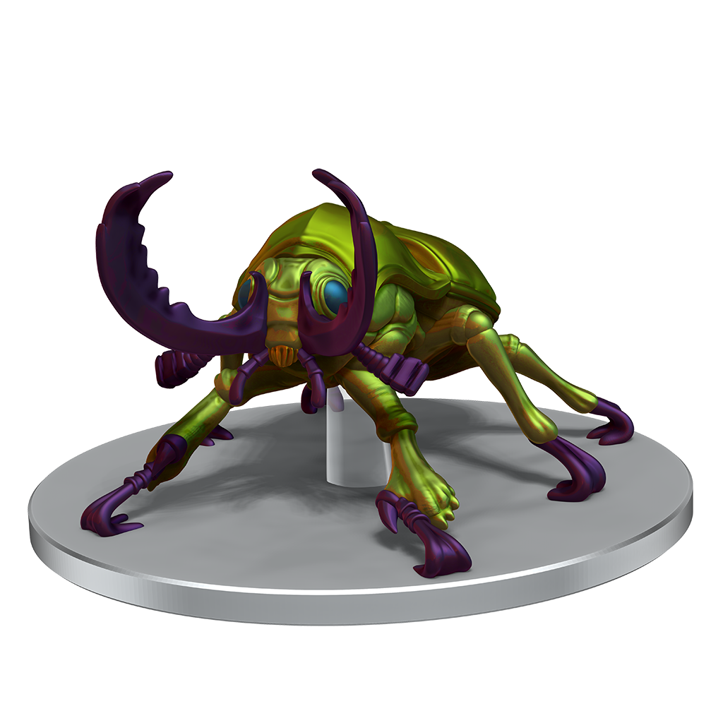 A mini figure of a large green beetle with purple mandibles and feet