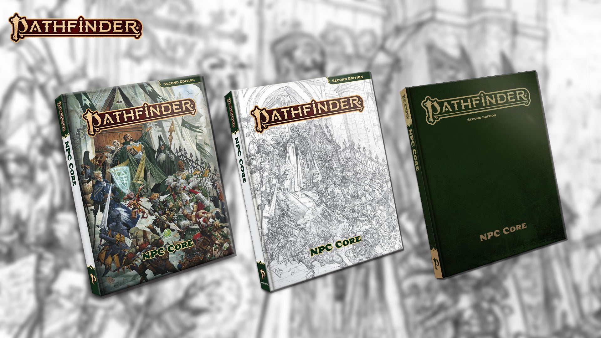 Pathfinder Second Edition NPC Core hard cover, sketch cover, and special edition leather style color