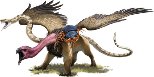 a mutant chimera with the heads of a bird, snake, and beetle.