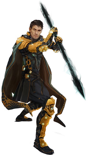 A human man in ceremonial black and gold armor wields a spear made of dark energy.