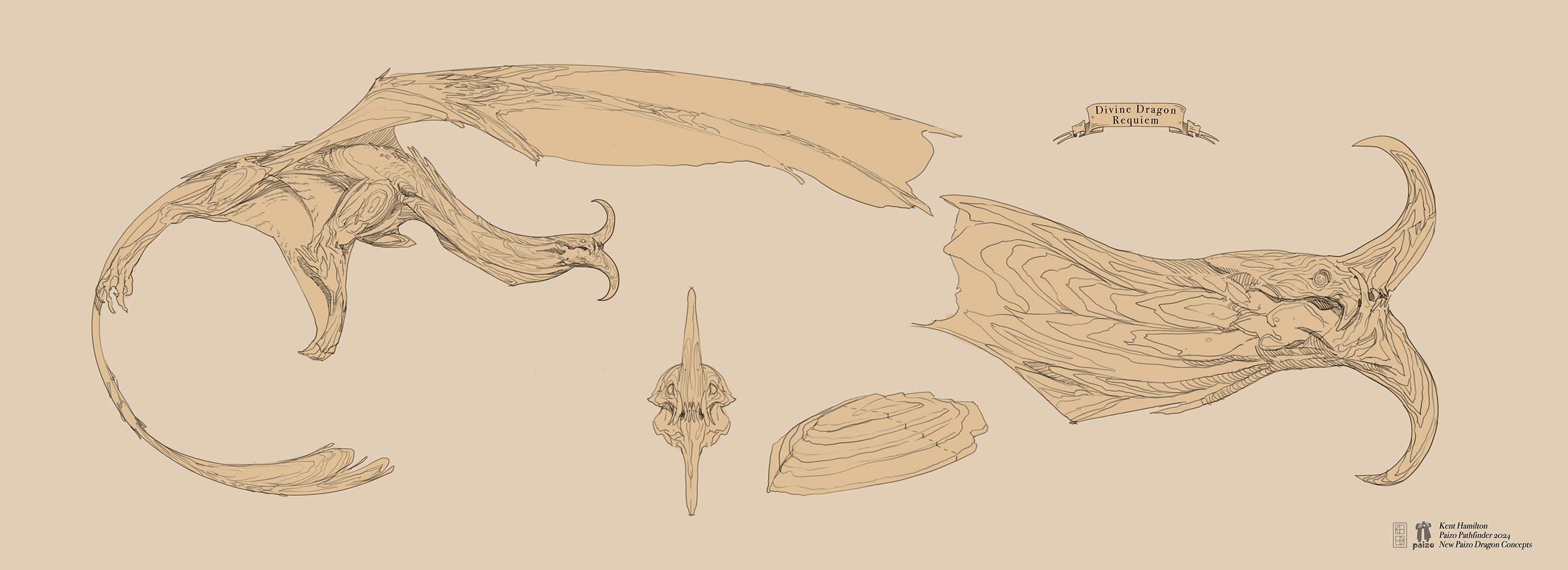 Requiem Dragon Concept, artist Kent Hamilton: A sketch design of a requiem dragon, a dragon with webbing between its legs and a pair of horns growing upward and downward on the front of its face. The sketch includes a close-up look of the dragon’s features.