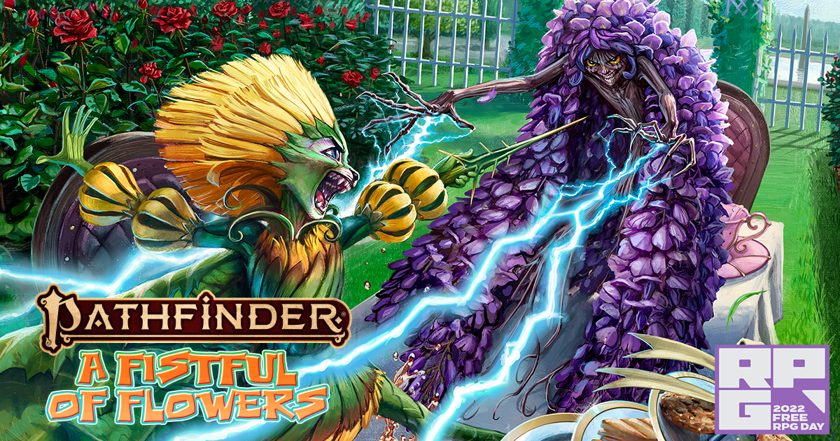 Pathfinder A Fistful of Flowers: Two flower-based leshy battling in a blooming garden full of roses