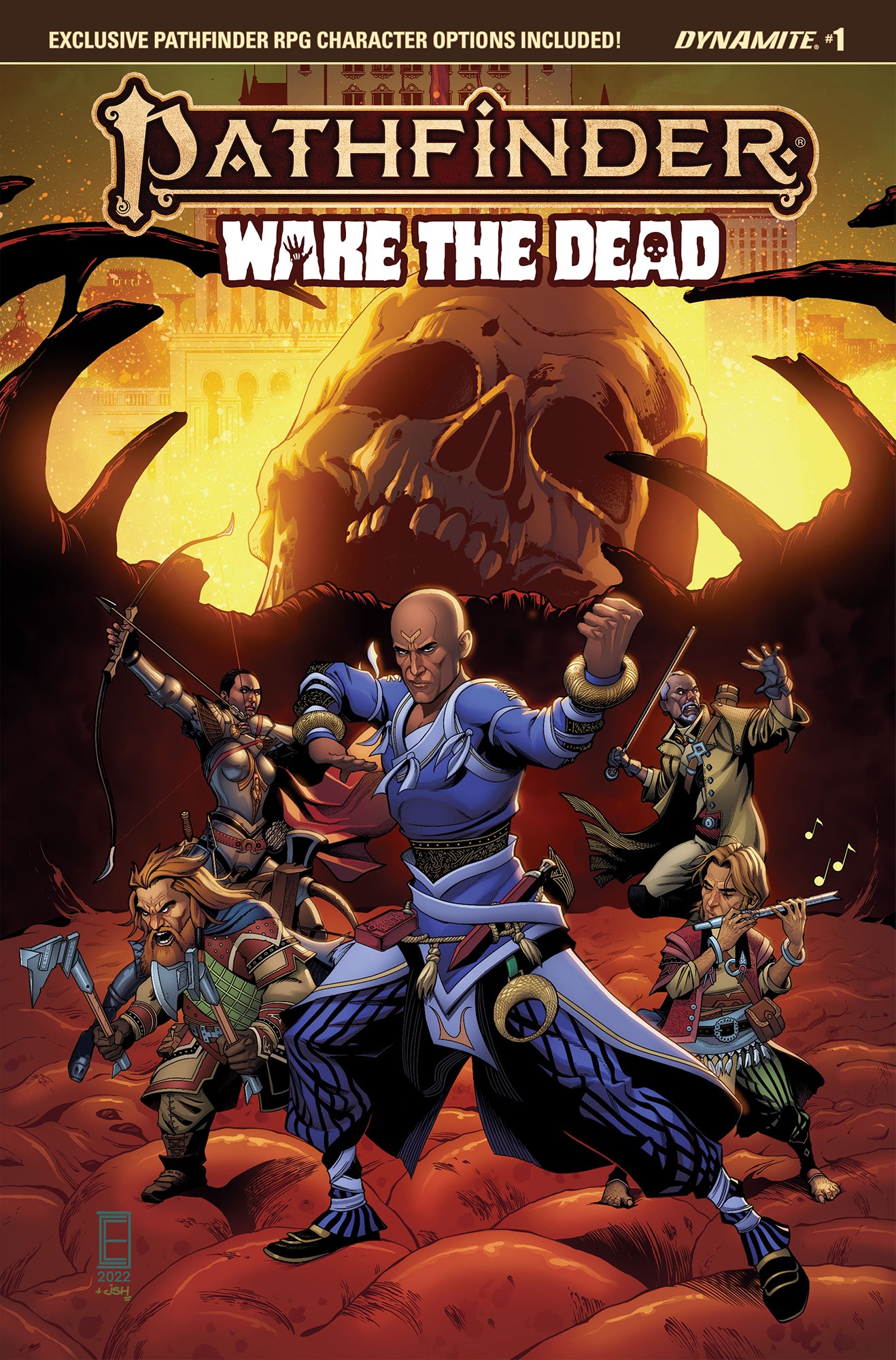 Pathfinder Wake The Dead by Dynamite Comics : Sajan the iconic Monk stands in front of the other Iconics in the foreground with a large skull looming in the background
