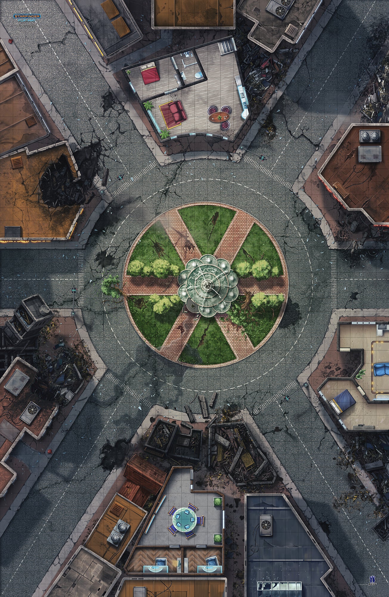 A square tiled map of multiple city streets meeting at a circle street with a small park in the center.