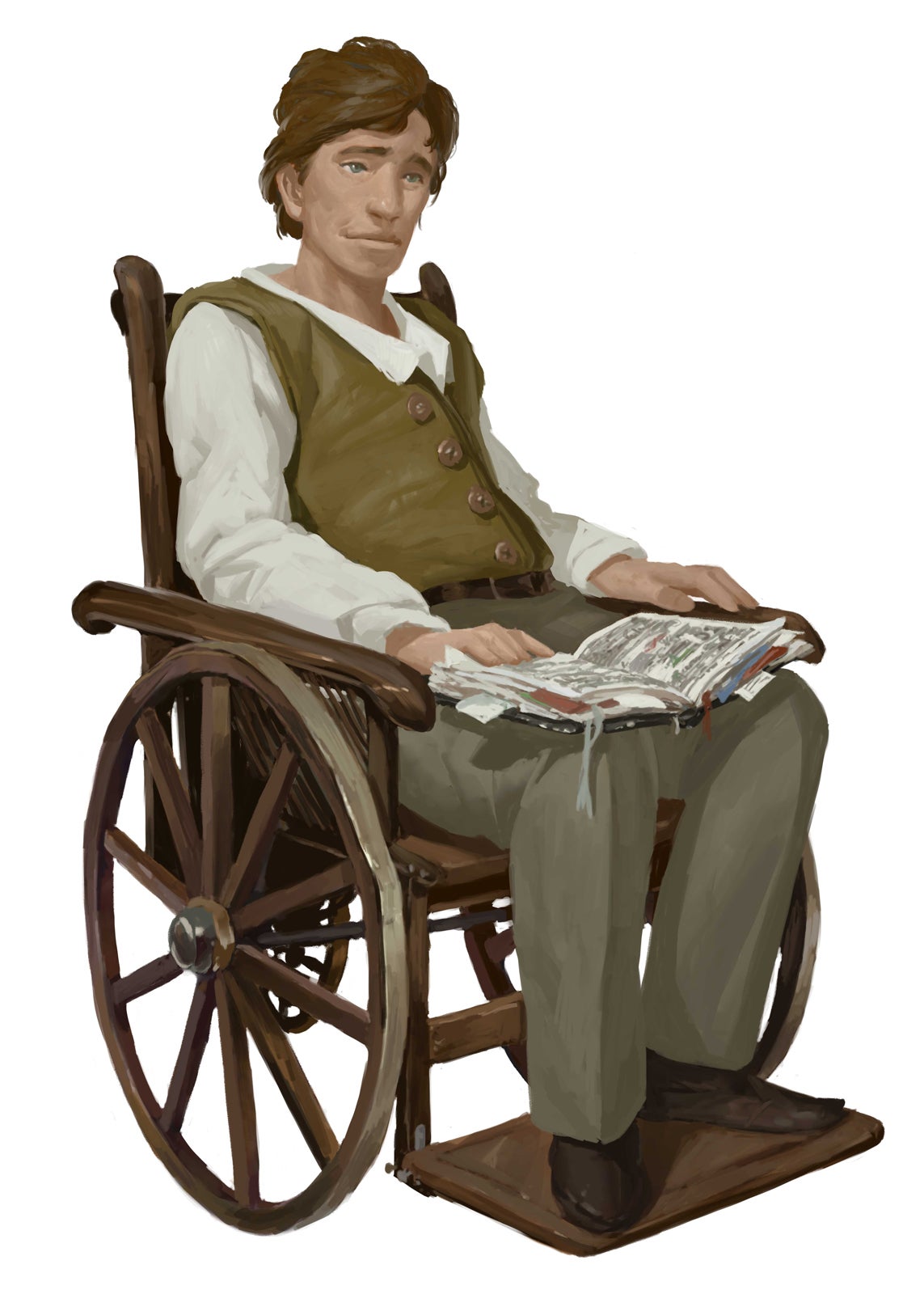 A human man sits in a wooden wheelchair with an open book on his lap. The book has several ribbons, bookmarks, and notes poking out of the edges.