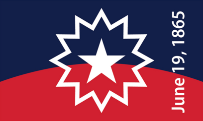Juneteenth Flag : Flag divided evenly in half, with a blue top and red bottom and a gently arched line of division. In the middle is a solid white five pointed star surrounded by a blue/red area, then the white outline of a twelve-pointed star.