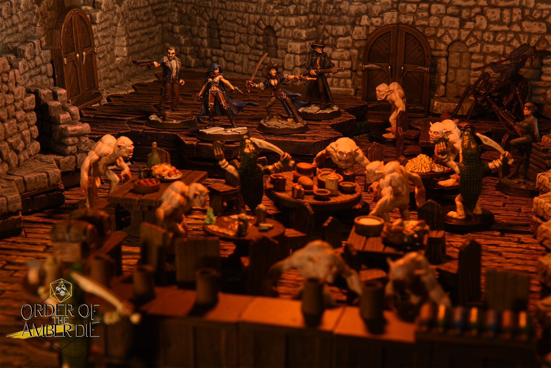 A close up of a large group of minis in a dungeon room