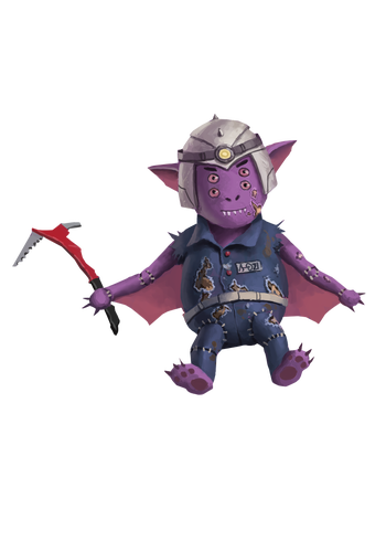 Art by Milos Rocenovic, Alien Mascot plush wearing blue coveralls and a helmet with a light, with winged arms and four eyes