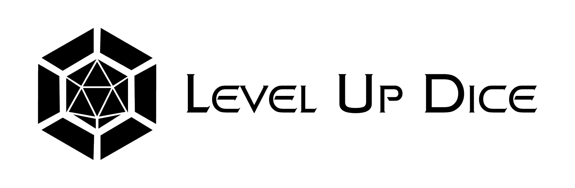 Level up dice banner with black and white D20 logo