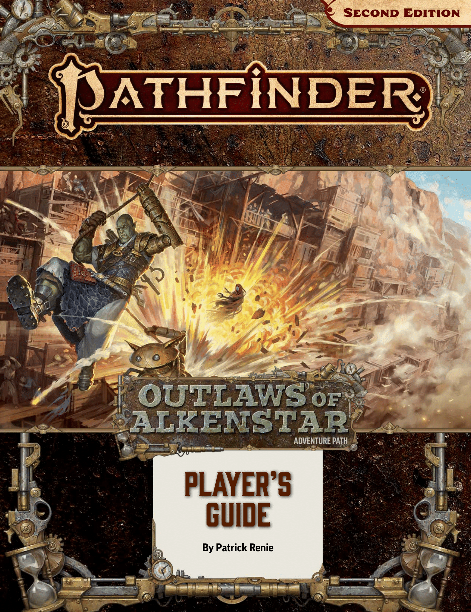 Outlaws of Alkenstar Player's Guide Cover featuring the iconic inventor, Droven and their automaton, Whirp jumping away from an explosion