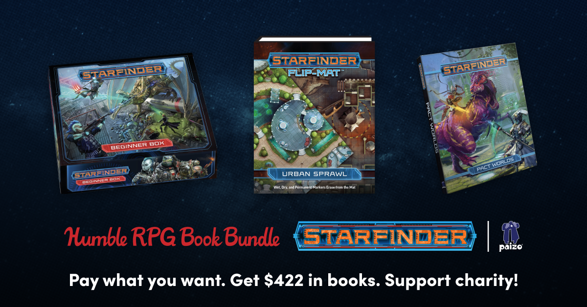 Humble RPG Bundle Featuring the Starfinder beginner box,S Starfinder Flip-Mat Urban Sprawl, and Starfinder Pact Worlds