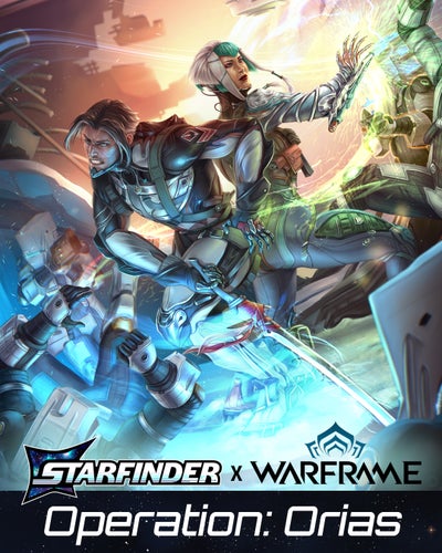 A book cover with art of two humans in science fiction armor fighting their way through other armored humans and robots. Text on the cover says Starfinder Warframe: Operation Orias. 