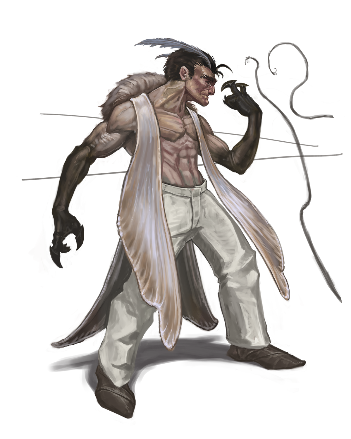 A bare chested, masculine, muscled figure with greying hair and humanoid arms that end with dark clawed hands. Wearing white pants and  open cloak that resembles a pair of moth wings