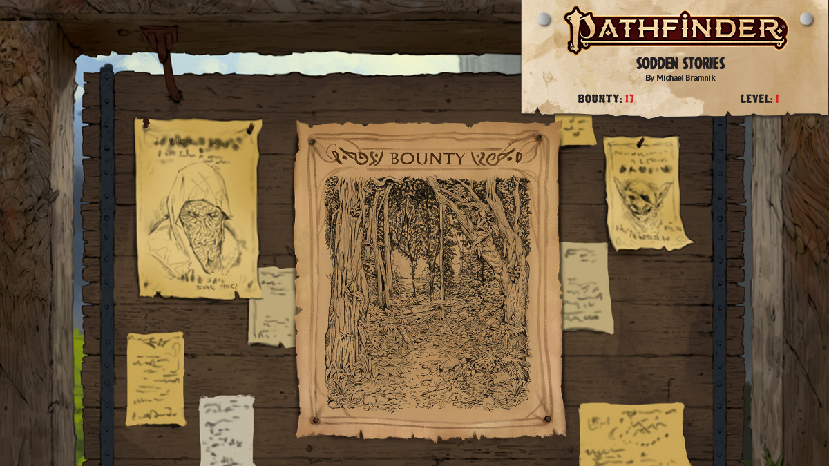 Pathfinder Bounty 17 Sodden Stories: A wooden bounty board covered in wanted posters and notices the center notice is a bounty with an illustration of a forest path