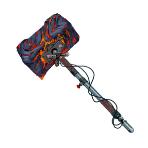 A large sledge hammer with a steel handle and a head of solid stone. Cracks appear on the surface, showing the magma within