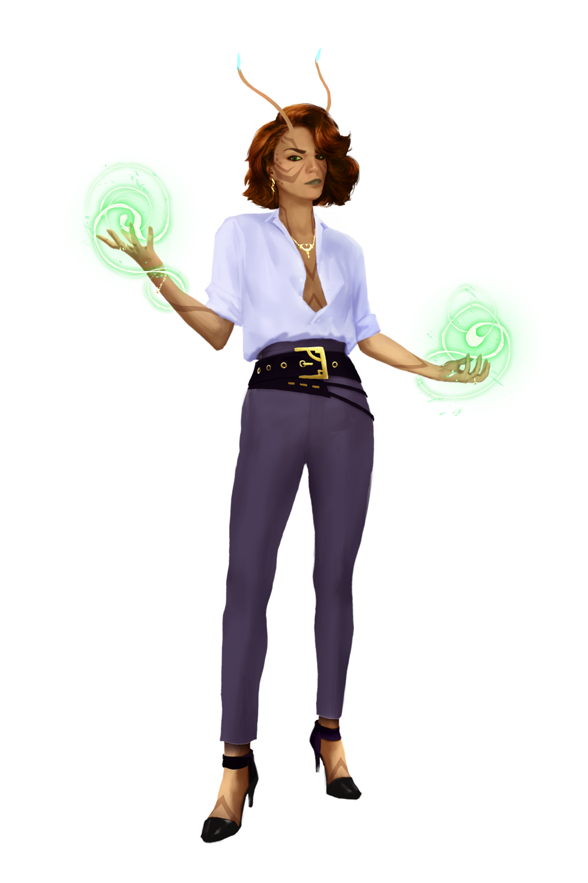 A female lashunta dressed in fashionable business attire cradles magical energy in her outstretched hands.