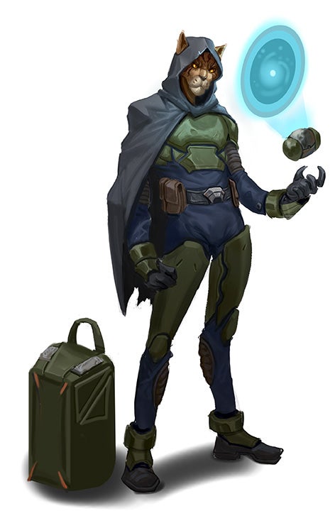 A catfolk dressed in blue and green armor, with a grey hood over their head, holding up a small projection of a map of space