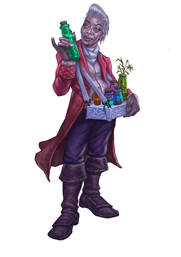 An ichor slinger dressed in a long red coat with their hair slicked back carrying a tray of brightly colored bottles