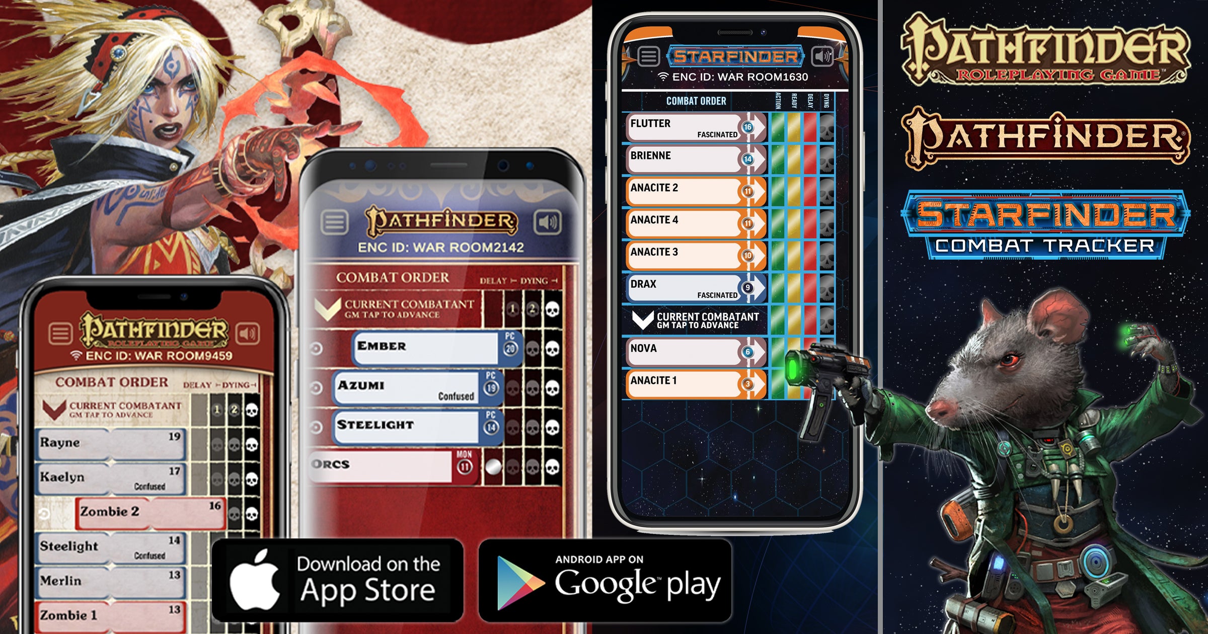 Digital Dragons Combat Tracker App ui for both pathfinder and starfinder