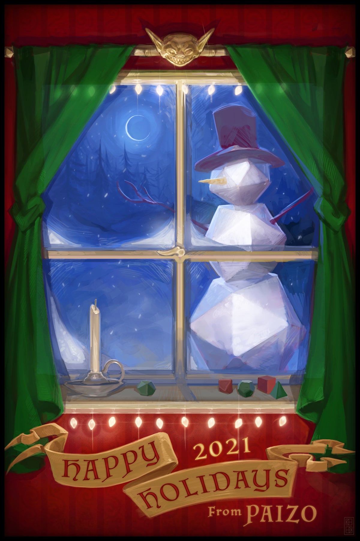 Happy Holidays from Paizo 2021 Holiday card, looking out a green curtained window onto a snowy night and a large snowman whose body is shaped like three D20s stacked on top of each other