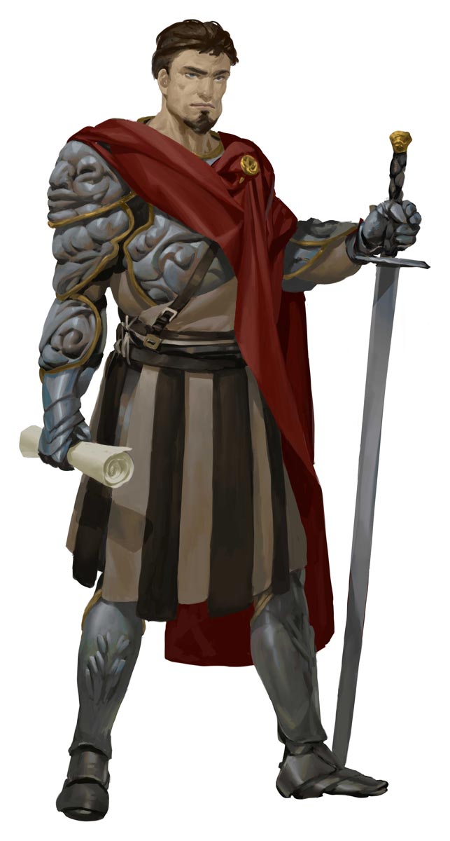 Durvin Gest, one of the founders of the Pathfinder Society. He’s clad in armor and standing with a large sword.