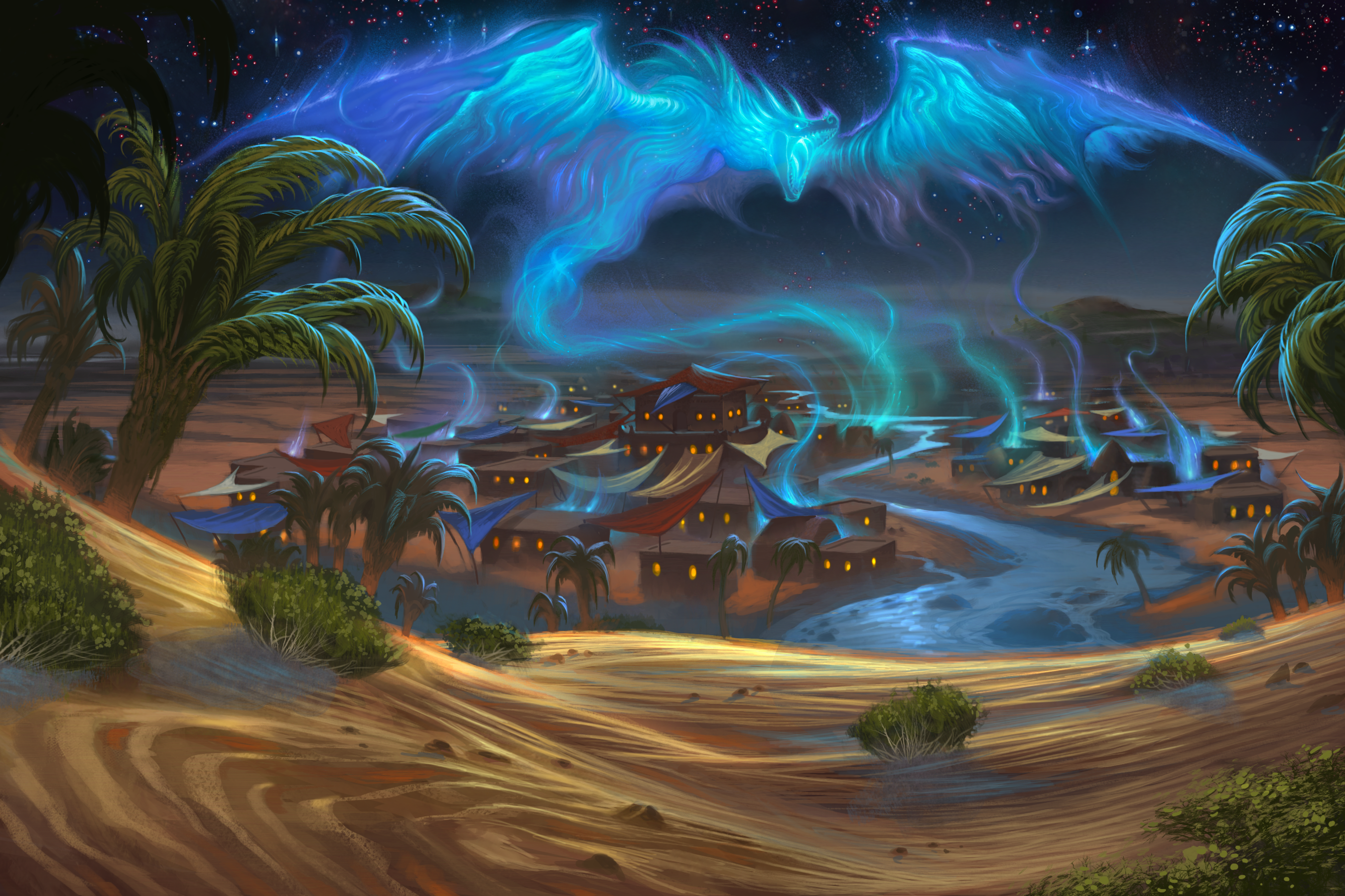 the city of Zantir, built around a lively river, sits under the large glowing shape of a roaring dragon