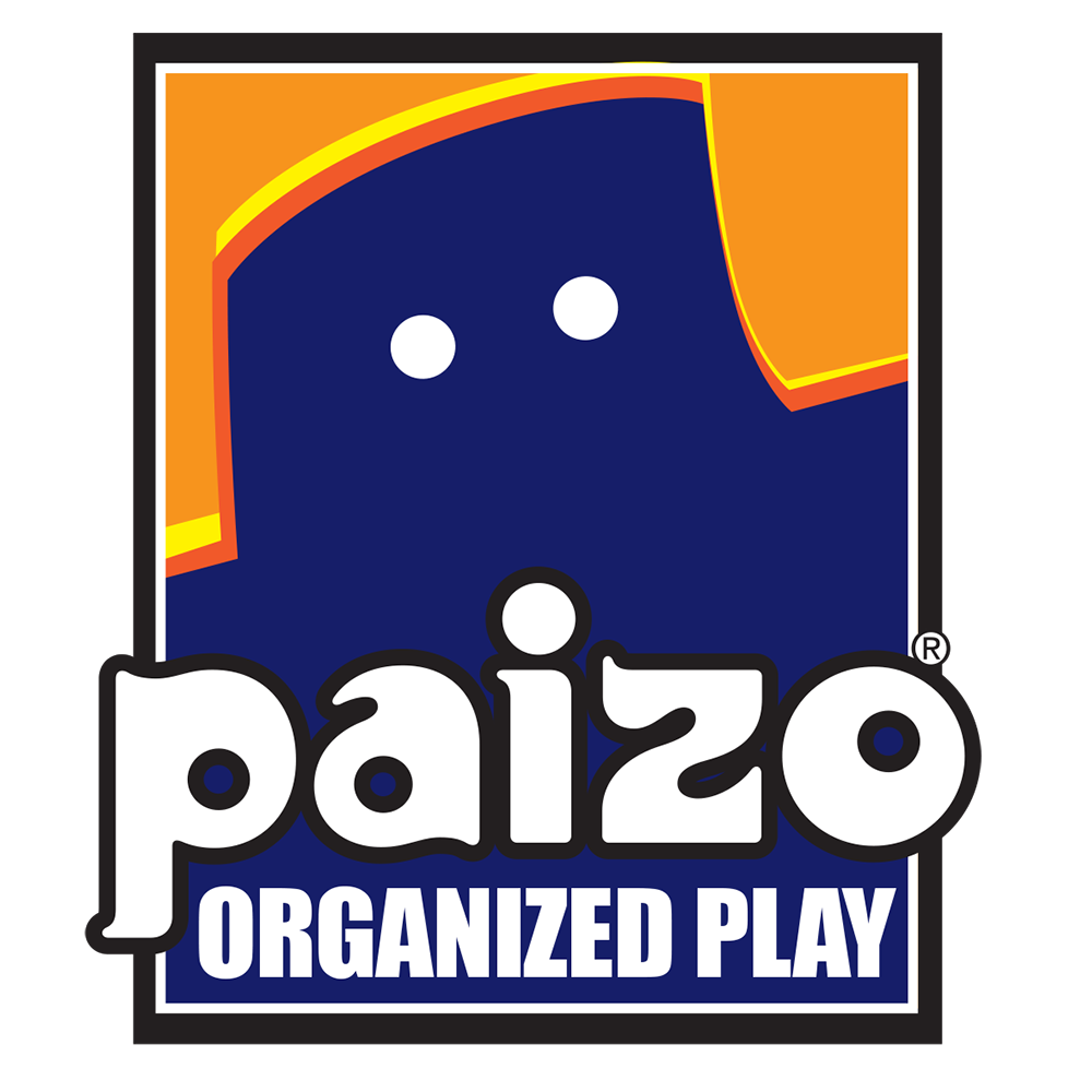 Organized Play logo, white text over blue golem graphic on orange background