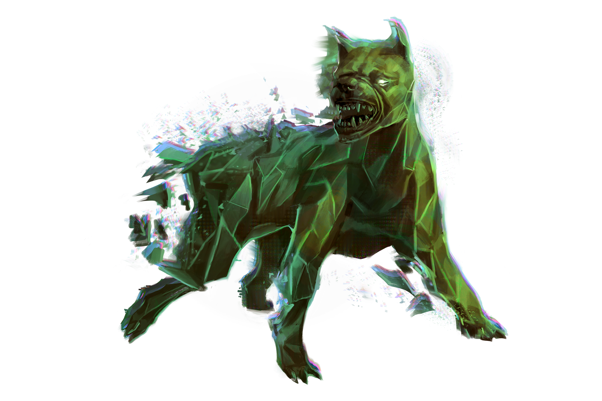 A snarling green fragmenting digital hound