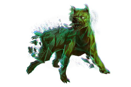 Artist: Alexander Ngo, A snarling green fragmenting digital hound.