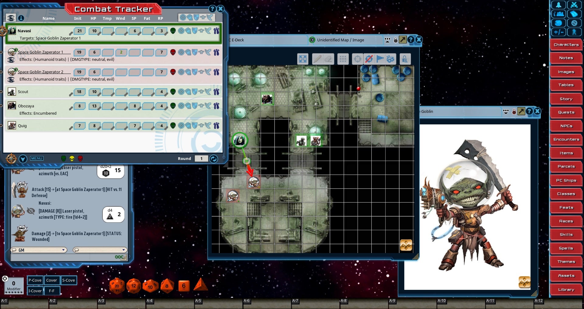 Actual Starfinder gameplay on Fantasy Grounds – encounter with Space Goblin Zaperators