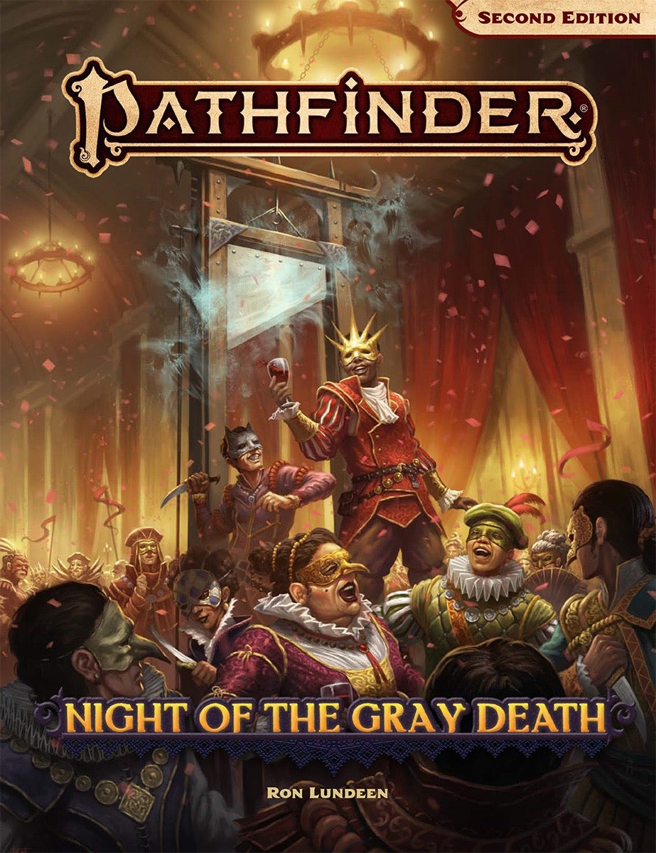 Night of the Gray Death: masked party goers gather around a raised guillotine platform, a man holding his wine glass high, stands on the raised platform, unaware of the party goer behind him holding a dagger