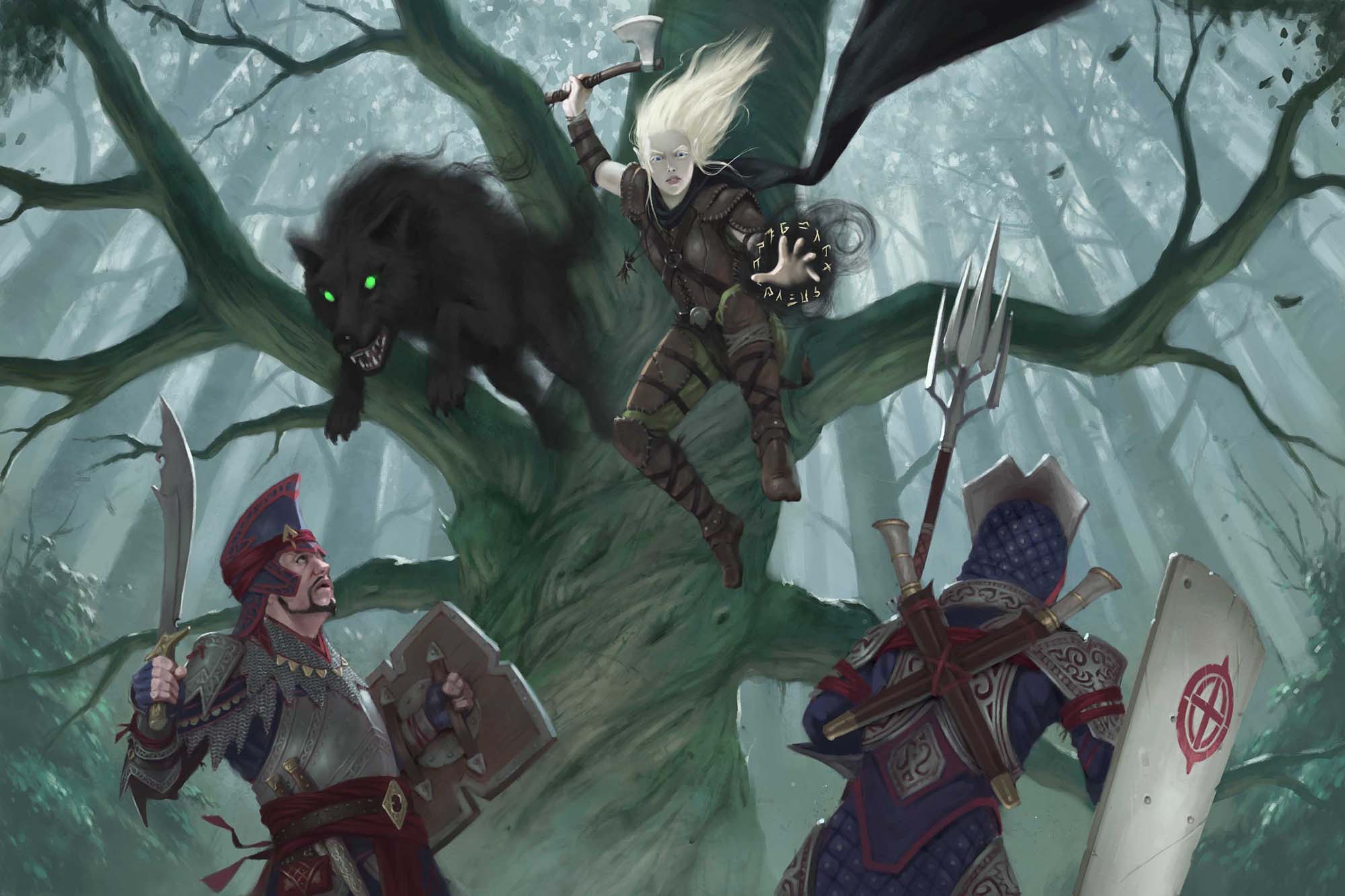 An albino elf and a wolf made of shadows leap out of a tree at a pair of unsuspecting soldiers