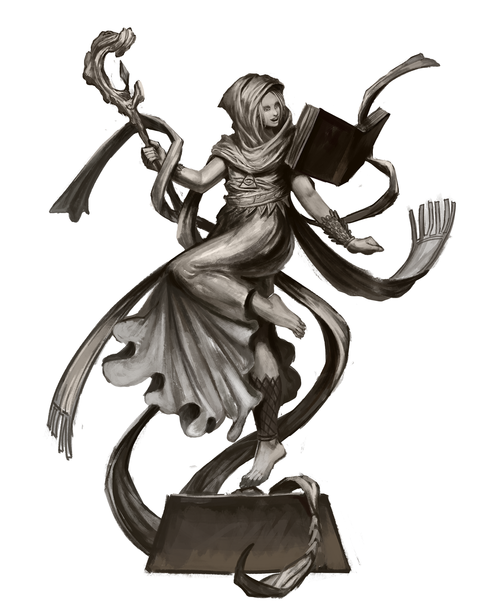 A statue of a slightly younger Alyreha, looking overjoyed and holding a large, elaborate spellbook. She’s posed as if in mid-dance, holding a staff and barefoot.
