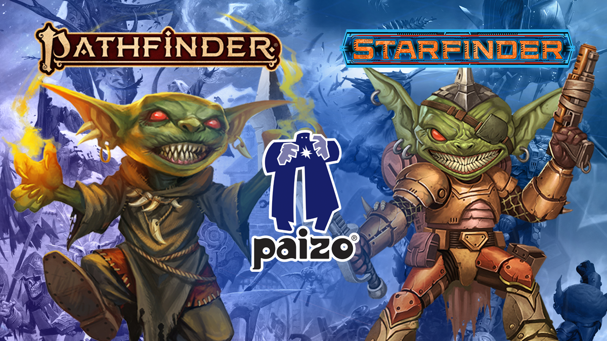 Illustration of Pathfinder and Starfinder themed goblins with their respective logos over-layed above the illustration