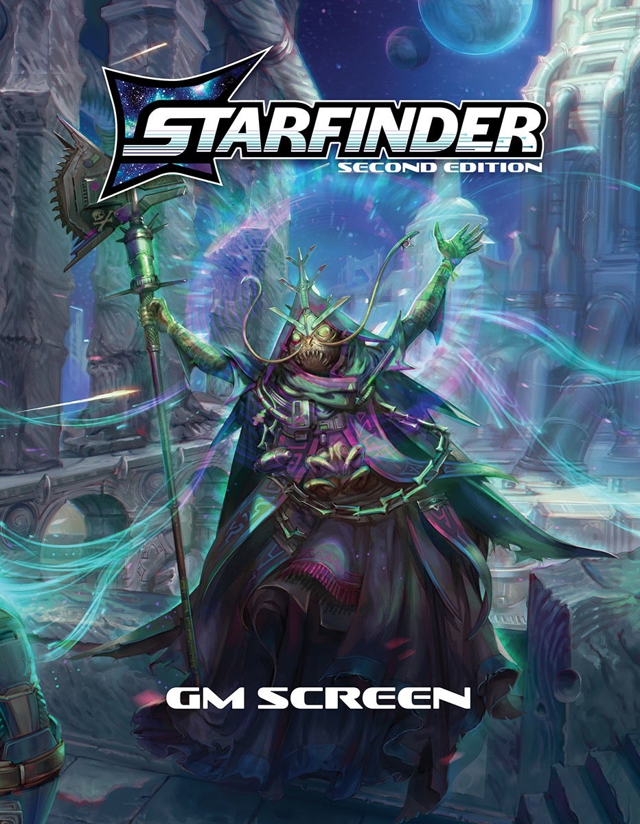 Starfinder Second Edition GM Screen: The art features the iconic shirren mystic, ChkChk, raising their hands and summoning a magical aura.