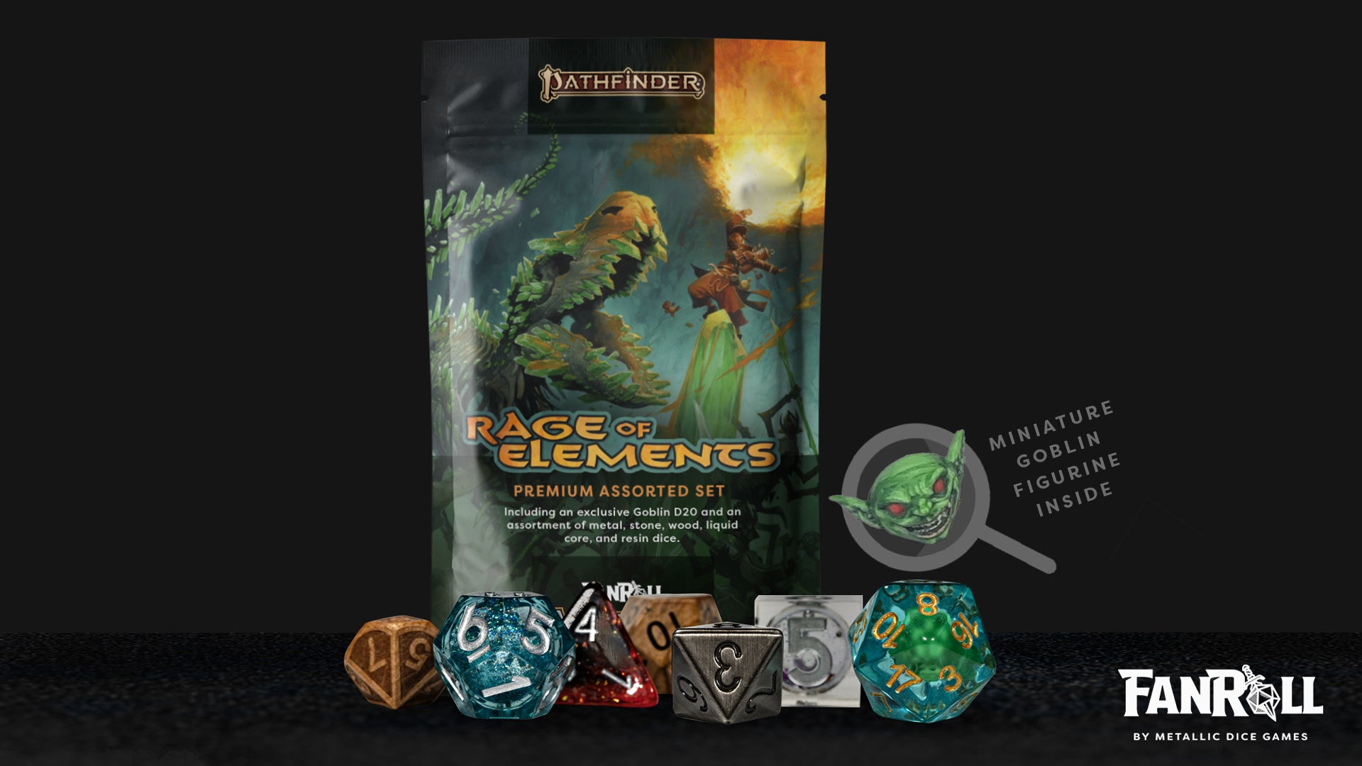 A mixed set of wood, gemstone, resin, and metal dice with the cover art of Rage of Elements