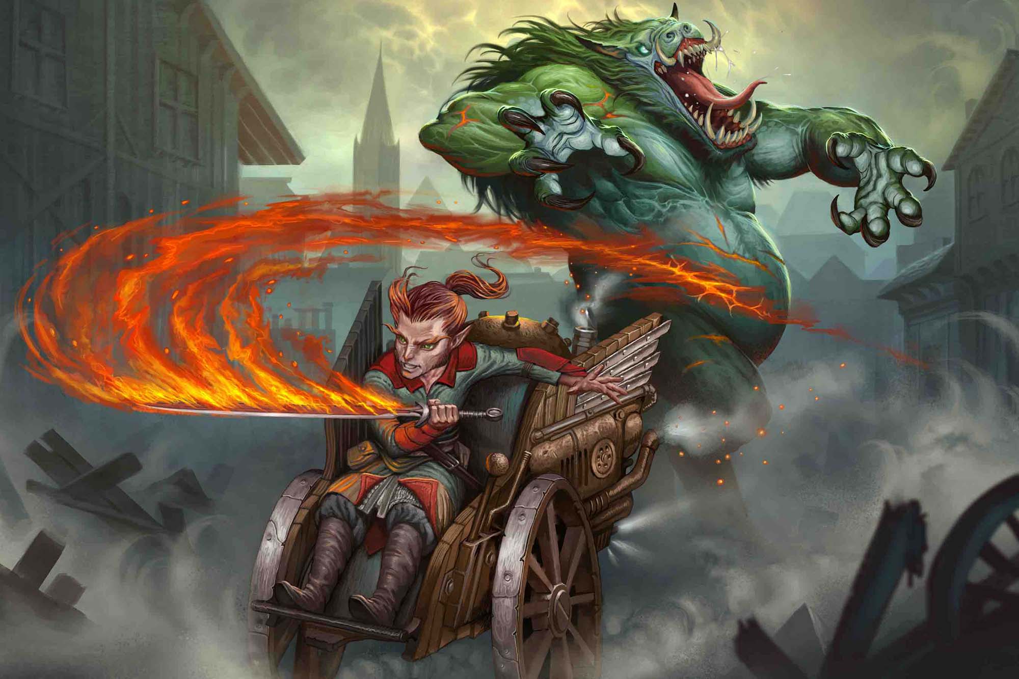 A red-haired gnome with a flaming sword steers his steam-powered wheelchair to swipe at a troll in the midst of some urban ruins.