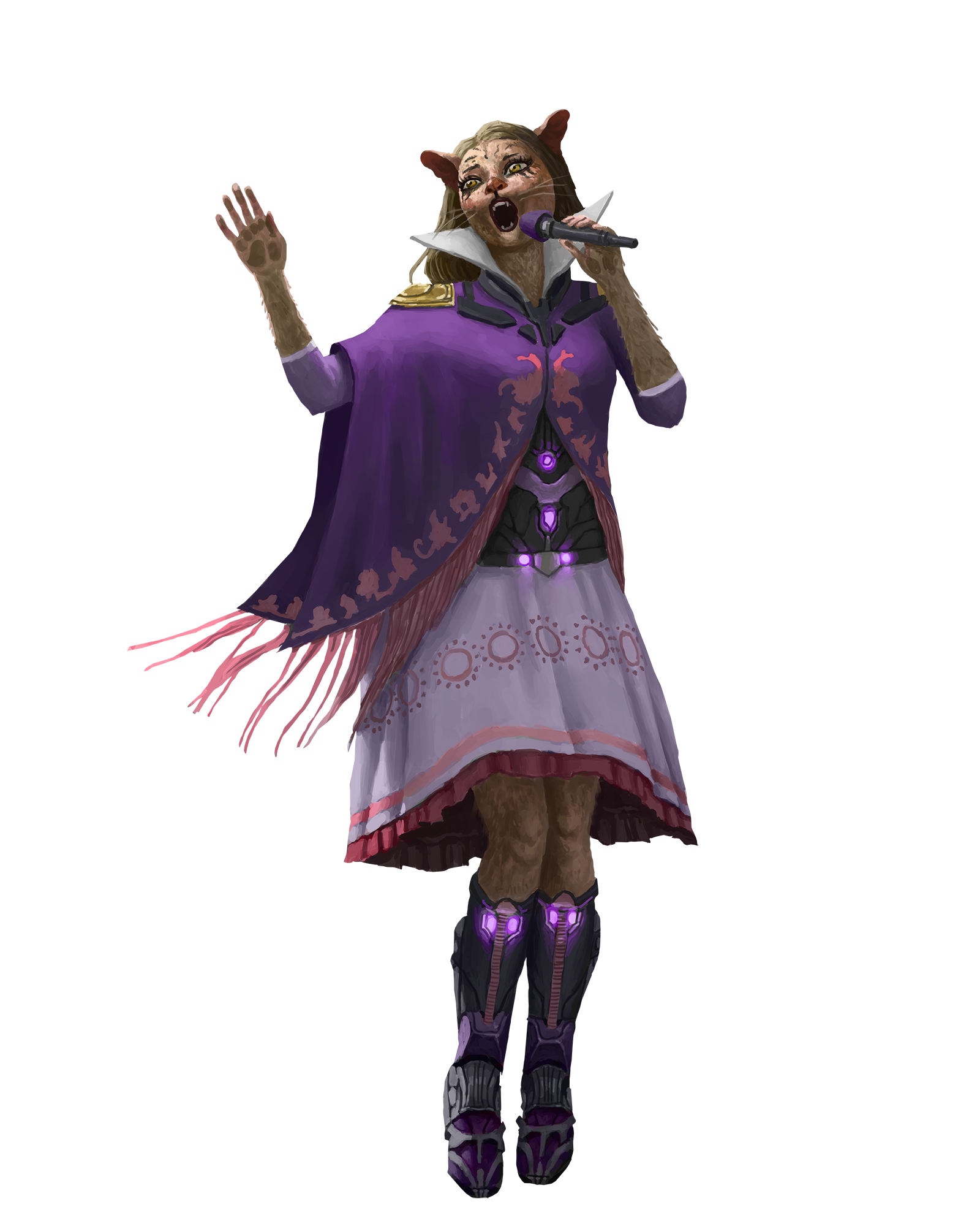 Miiyu, a brown furred catfolk wearing all purple skirt and shawl while sining into a microphones