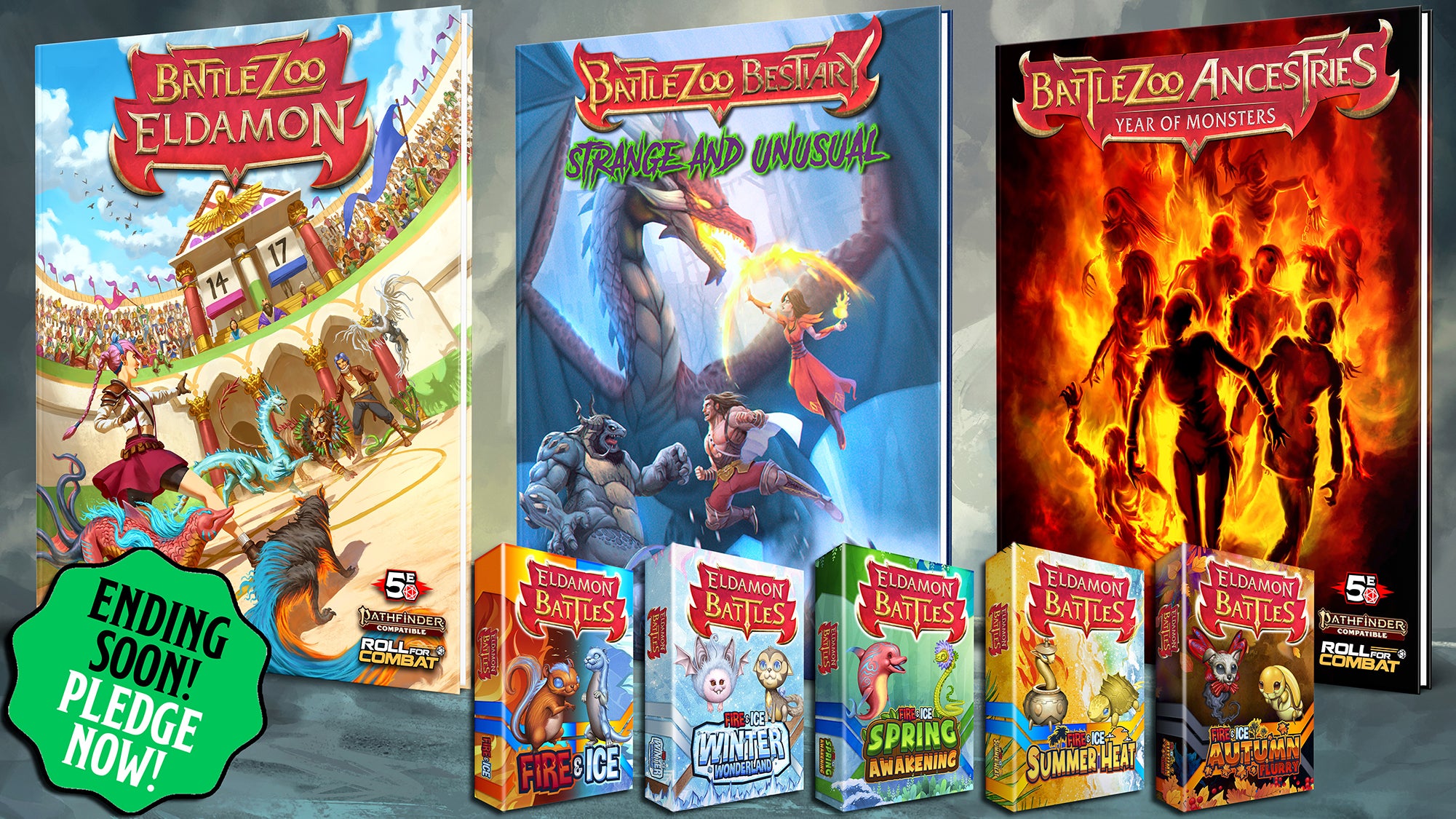 The Roll For Combat Kickstarter lineup of Battlezoo Eldamon, Battlezoo Bestiary: Strange & Unusual, Battlezoo Ancestries: Year of Monsters, and the Eldamon Battles Card Game